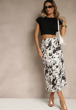 Czarno-Biała Spódnica z Satynowej Tkaniny Zdobiona Krowim Printem Kolorea