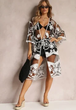 Czarno-Biała Sukienka Plażowa z Haftowanej Siateczki Fida