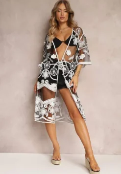 Czarno-Biała Sukienka Plażowa z Haftowanej Siateczki Fida
