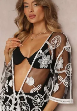 Czarno-Biała Sukienka Plażowa z Haftowanej Siateczki Fida