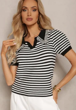 Czarno-Biała Wiskozowa Bluzka w Paski ze Zdobieniami na Kołnierzyku Veniala