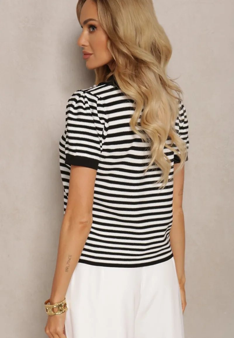 Czarno-Biała Wiskozowa Bluzka w Paski ze Zdobieniami na Kołnierzyku Veniala