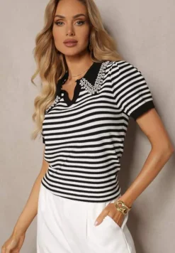 Czarno-Biała Wiskozowa Bluzka w Paski ze Zdobieniami na Kołnierzyku Veniala