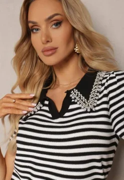 Czarno-Biała Wiskozowa Bluzka w Paski ze Zdobieniami na Kołnierzyku Veniala