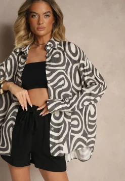 Czarno-Biała Wiskozowa Koszula o Klasycznym Kroju Zdobiona Abstrakcyjnym Printem Rediraela