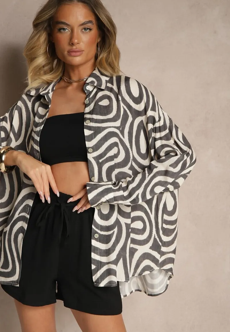 Czarno-Biała Wiskozowa Koszula o Klasycznym Kroju Zdobiona Abstrakcyjnym Printem Rediraela