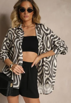 Czarno-Biała Wiskozowa Koszula o Klasycznym Kroju Zdobiona Abstrakcyjnym Printem Rediraela