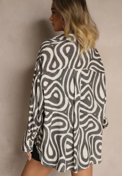 Czarno-Biała Wiskozowa Koszula o Klasycznym Kroju Zdobiona Abstrakcyjnym Printem Rediraela