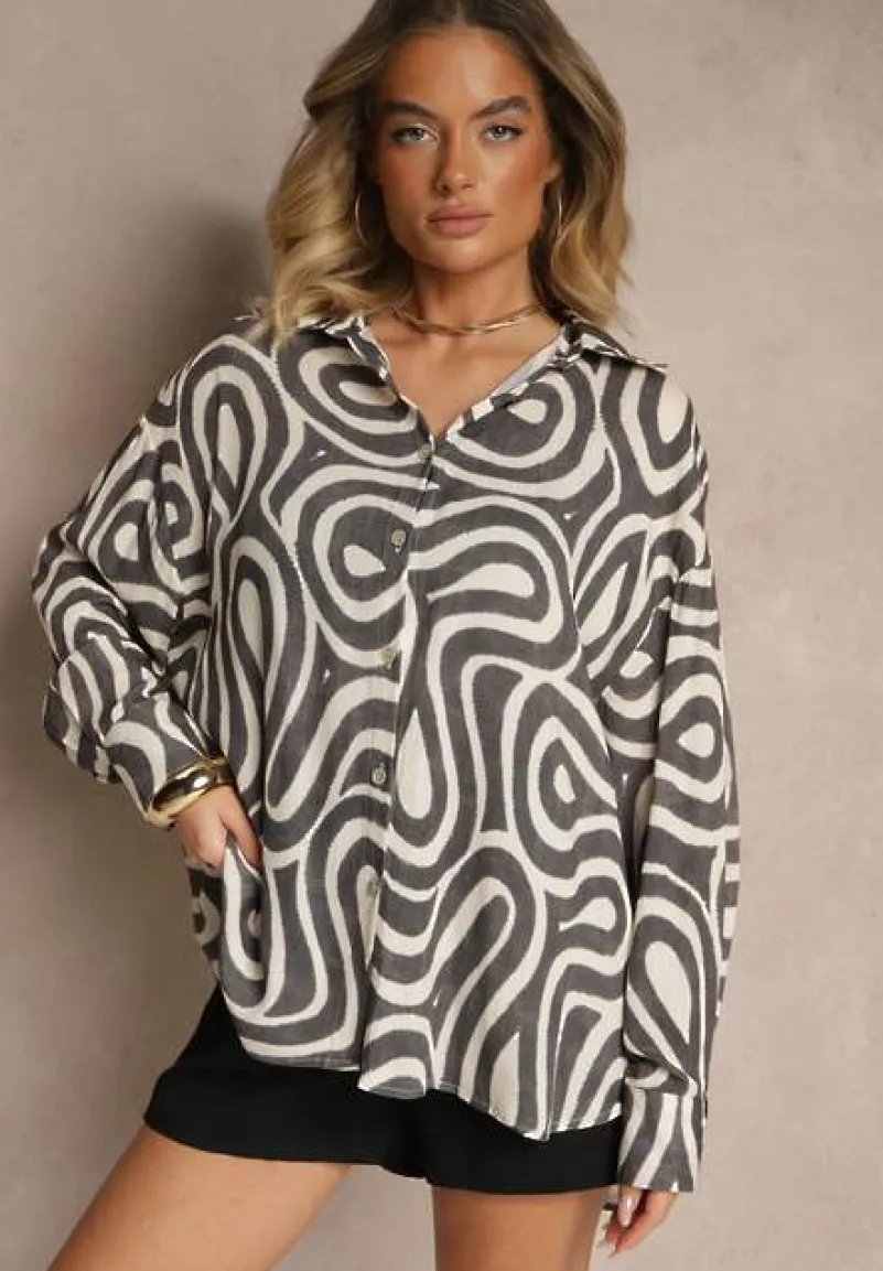 Czarno-Biała Wiskozowa Koszula o Klasycznym Kroju Zdobiona Abstrakcyjnym Printem Rediraela