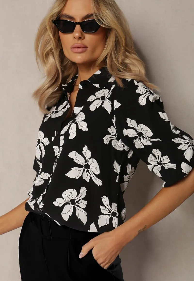 Czarno-Biała Wiskozowa Koszula w Kwiaty z Podpinanymi Rękawami 3/4 Siasse