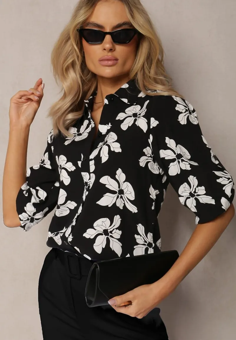 Czarno-Biała Wiskozowa Koszula w Kwiaty z Podpinanymi Rękawami 3/4 Siasse