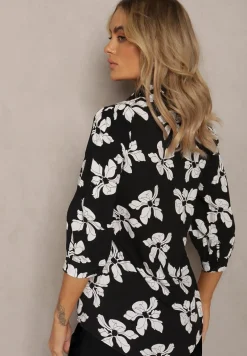 Czarno-Biała Wiskozowa Koszula w Kwiaty z Podpinanymi Rękawami 3/4 Siasse