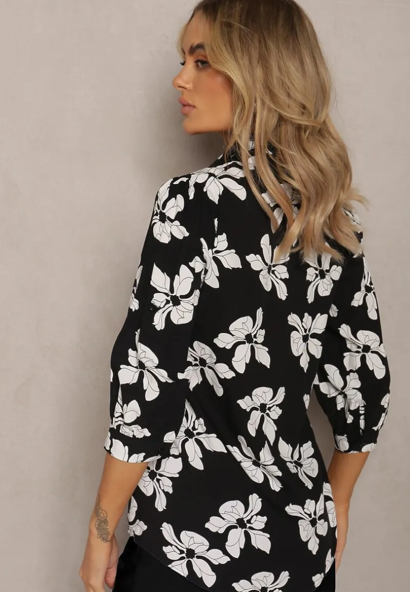 Czarno-Biała Wiskozowa Koszula w Kwiaty z Podpinanymi Rękawami 3/4 Siasse
