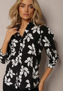 Czarno-Biała Wiskozowa Koszula w Kwiaty z Podpinanymi Rękawami 3/4 Siasse