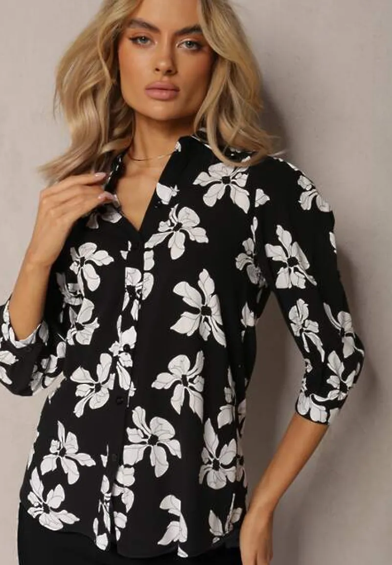 Czarno-Biała Wiskozowa Koszula w Kwiaty z Podpinanymi Rękawami 3/4 Siasse