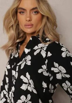 Czarno-Biała Wiskozowa Koszula w Kwiaty z Podpinanymi Rękawami 3/4 Siasse