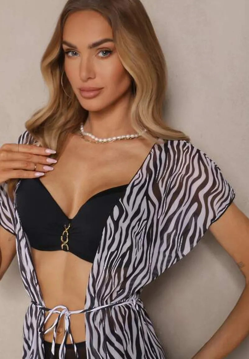 Czarno-Biała Wiązana Narzutka Plażowa Sadeleve