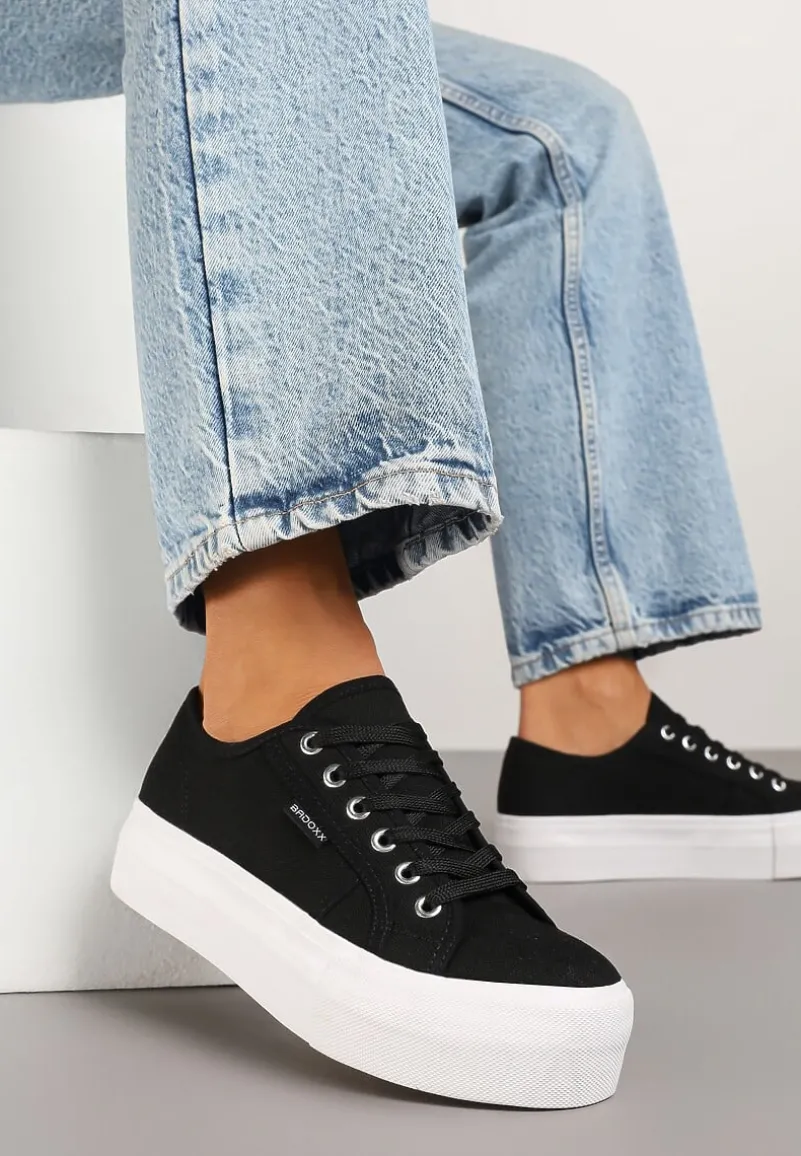 Czarno-Białe Basicowe Trampki na Platformie Mailiselle