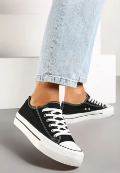 Czarno-Białe Casualowe Trampki na Platformie ze Sznurowaniem Ravathra