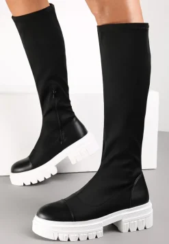 Czarno-Białe Kozaki z Dopasowaną Cholewką na Grubej Podeszwie Gode