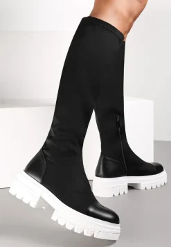 Czarno-Białe Kozaki z Dopasowaną Cholewką na Grubej Podeszwie Gode