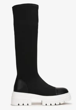 Czarno-Białe Kozaki z Dopasowaną Cholewką na Grubej Podeszwie Gode