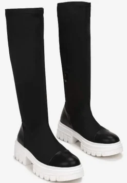 Czarno-Białe Kozaki z Dopasowaną Cholewką na Grubej Podeszwie Gode