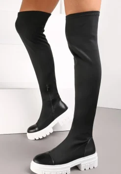 Czarno-Białe Kozaki za Kolano z Elastyczną Cholewką Penthiche