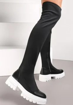 Czarno-Białe Kozaki za Kolano z Elastyczną Cholewką Penthiche