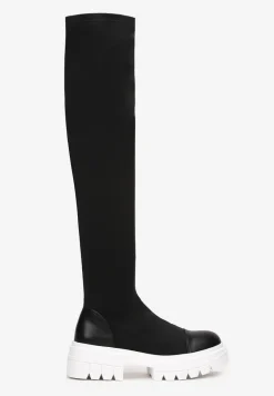 Czarno-Białe Kozaki za Kolano z Elastyczną Cholewką Penthiche