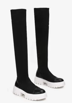 Czarno-Białe Kozaki za Kolano z Elastyczną Cholewką Penthiche