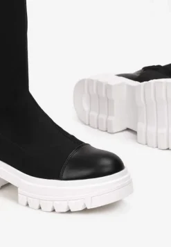 Czarno-Białe Kozaki za Kolano z Elastyczną Cholewką Penthiche