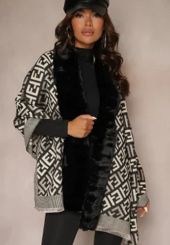 Czarno-białe Ponczo z Wiskozy w Geometryczny Wzór z Futerkiem Miavira