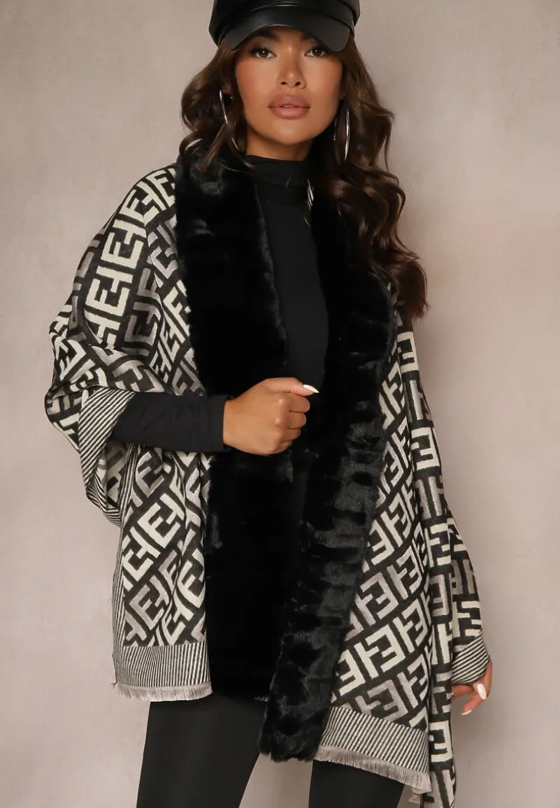 Czarno-białe Ponczo z Wiskozy w Geometryczny Wzór z Futerkiem Miavira
