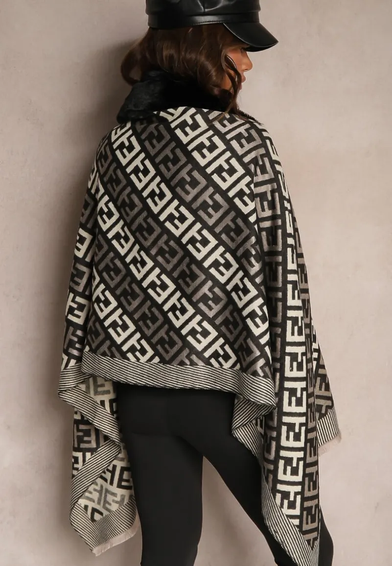 Czarno-białe Ponczo z Wiskozy w Geometryczny Wzór z Futerkiem Miavira