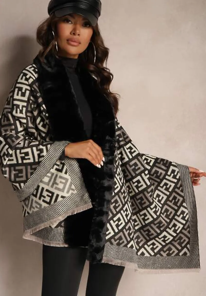 Czarno-białe Ponczo z Wiskozy w Geometryczny Wzór z Futerkiem Miavira