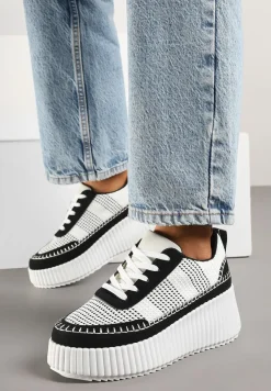 Czarno-Białe Sneakersy na Tłoczonej Platformie z Ozdobnymi Przeszyciami Faloviela