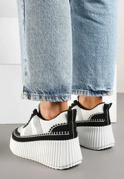 Czarno-Białe Sneakersy na Tłoczonej Platformie z Ozdobnymi Przeszyciami Faloviela