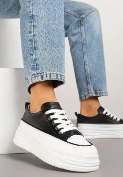 Czarno-Białe Streetwearowe Trampki na Tłoczonej Platformie Fellimi