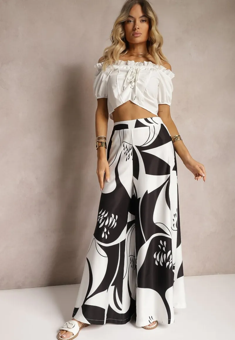 Czarno-Białe Szerokie Spodnie Palazzo z Wiskozy High Waist z Gumką w Pasie Vorrlea
