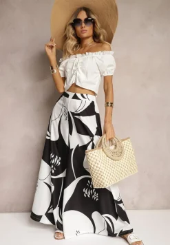 Czarno-Białe Szerokie Spodnie Palazzo z Wiskozy High Waist z Gumką w Pasie Vorrlea