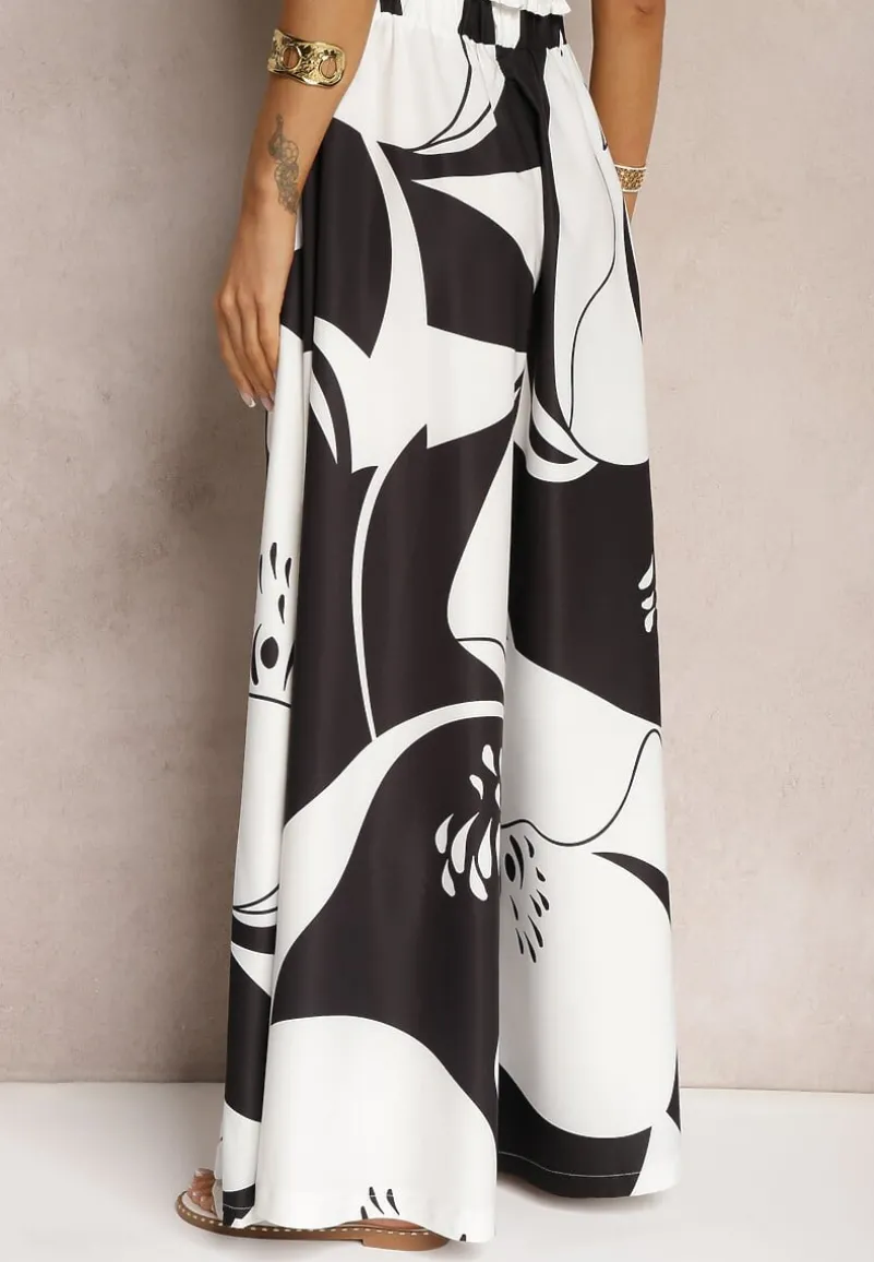 Czarno-Białe Szerokie Spodnie Palazzo z Wiskozy High Waist z Gumką w Pasie Vorrlea