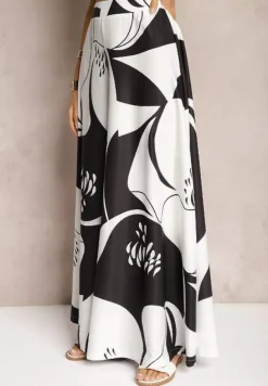 Czarno-Białe Szerokie Spodnie Palazzo z Wiskozy High Waist z Gumką w Pasie Vorrlea