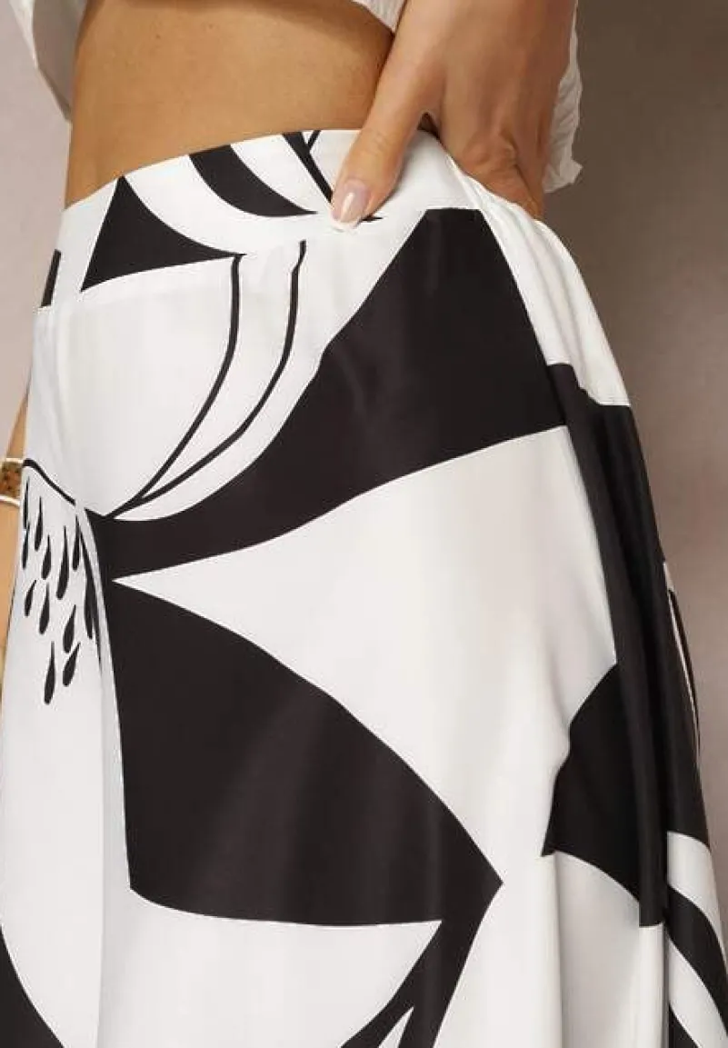 Czarno-Białe Szerokie Spodnie Palazzo z Wiskozy High Waist z Gumką w Pasie Vorrlea