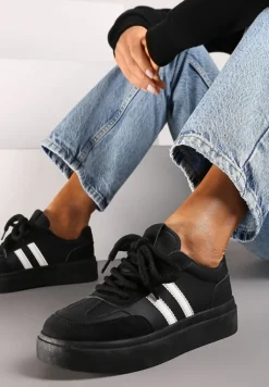 Czarno-Białe Sznurowane Sneakersy na Platformie Ozdobione Paskami Tialise