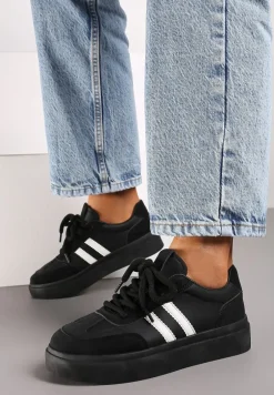 Czarno-Białe Sznurowane Sneakersy na Platformie Ozdobione Paskami Tialise