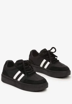 Czarno-Białe Sznurowane Sneakersy na Platformie Ozdobione Paskami Tialise