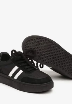 Czarno-Białe Sznurowane Sneakersy na Platformie Ozdobione Paskami Tialise