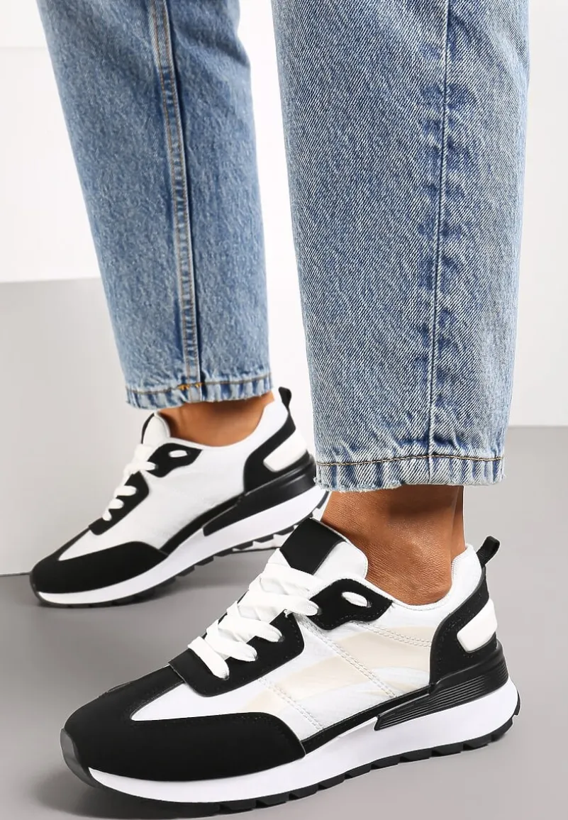 Czarno-Białe Sznurowane Sneakersy z Materiałowymi Wstawkami Aneril