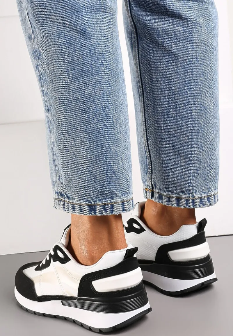 Czarno-Białe Sznurowane Sneakersy z Materiałowymi Wstawkami Aneril